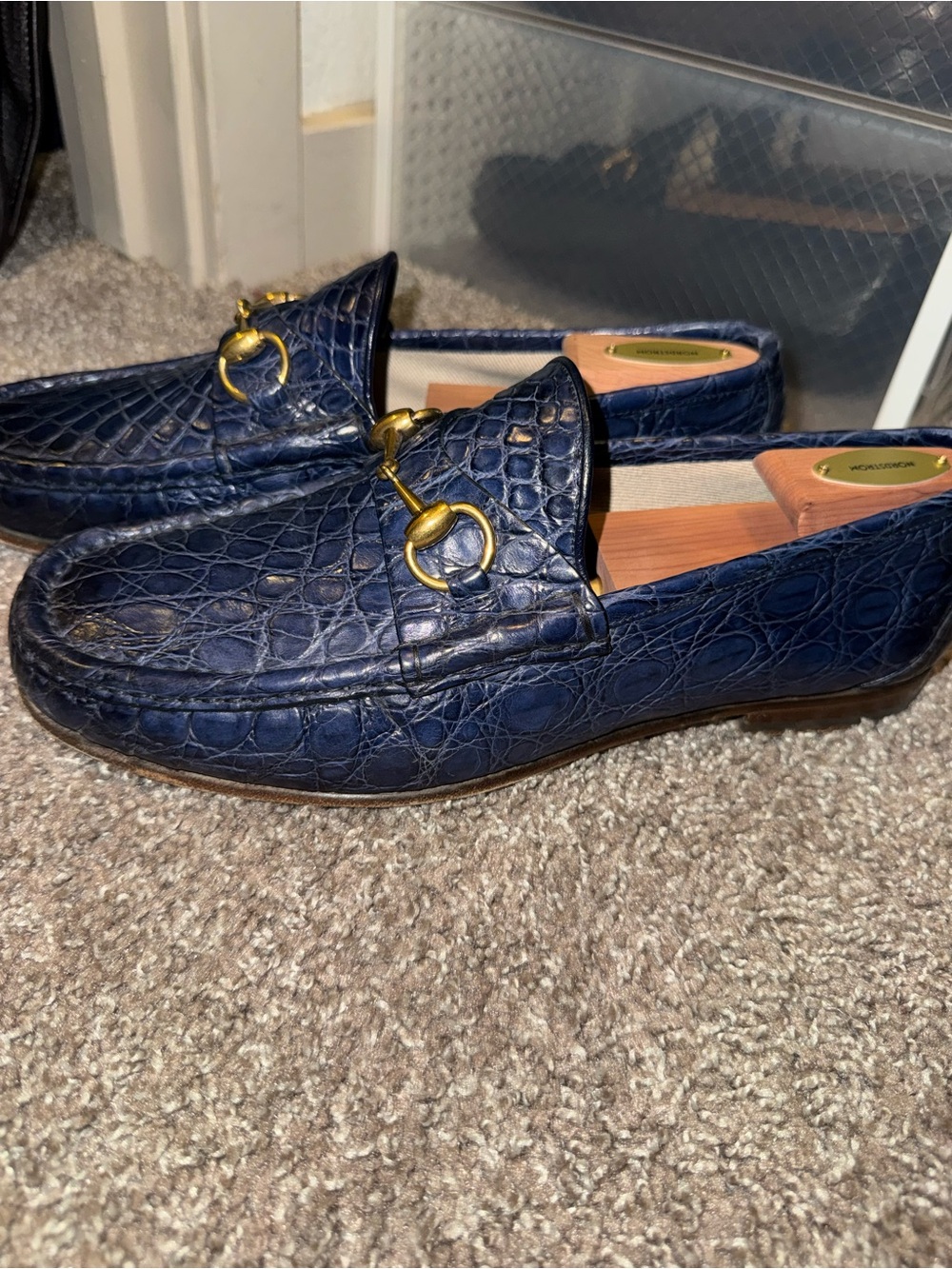 Gucci Navy Blue Genuine Crocodile Leather 1953 Horsebit Loafers Retail $3799